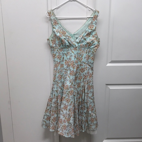 Floral Sky Blue Midi-Dress w/ Bead & Tulle Trim - Picture 3 of 7